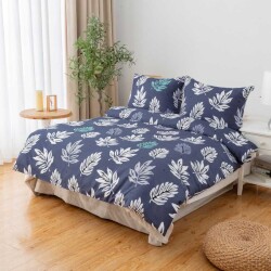 Mikro Saten Tek Kişilik Nevresim Takımı - Mavi Yapraklı