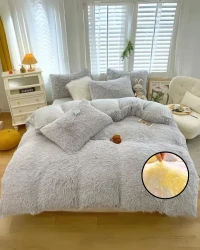 Peluş Çift Renk Nevresim Takımı Çift Kişilik - Gri